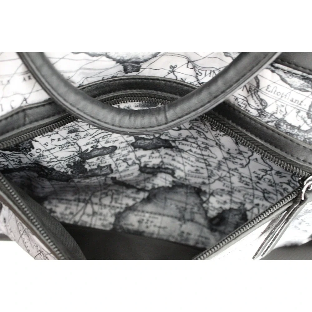 World Map Print Backpack Travel Messenger Bag Black White Cartography Chic Sleek